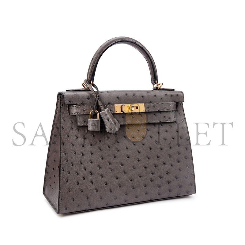 HERMÈS MASTER OSTRICH KELLY 25 PEWTER GREY GOLD BUCKLE (25*17*7cm)